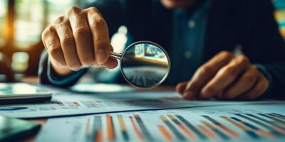 A detailed examination of financial statements during a business audit, using a metaphorical magnifying glass to highlight the importance of scrutiny in effective fraud prevention photo