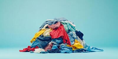 A vibrant heap of freshly laundered clothing items has been artfully displayed, showcasing a delightful variety of textiles that beautifully contrast against a simple and calming blue backdrop photo