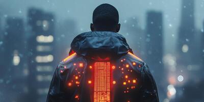 Futuristic smart clothing is designed with advanced body temperature regulation capabilities, allowing for continuous wellness monitoring to enhance health in an urban living environment photo