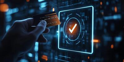 This illustration shows how to confirm a secure online credit card payment via a userfriendly interface with a verification tick symbol, emphasizing transaction security in fintech photo