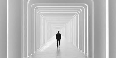 A solitary person stands at the very end of a sleek, modern corridor, which is illuminated with soft, white lights, creating an intriguing sense of depth, atmosphere, and an air of mystery all around photo