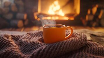 A warm and inviting mug of rich cocoa sits comfortably on a beautifully textured blanket by a crackling fireplace, which creates a cozy and inviting atmosphere that is perfect for relaxing in winter photo