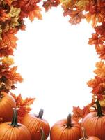 A vibrant and lively autumn frame that prominently features a collection of pumpkins and an array of colorful leaves, making it perfect for seasonal decoration or Thanksgiving festivities photo