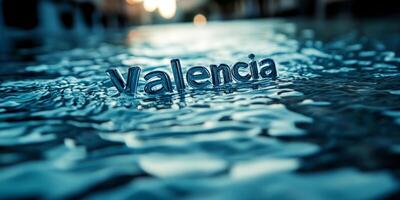 This image shows the submerged text Valencia, symbolizing the recent flooding caused by DANA in Spain, highlighting the environmental and societal challenges the region faces now and ahead photo