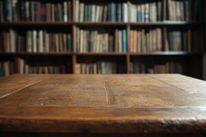 An old wooden table stands proudly in a cozy interior, with a blurred bookshelf full of books, creating an inviting scene perfect for reading and scholarly studying, inspiring relaxation photo