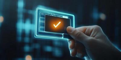 An individual securely confirms an online payment using a userfriendly interface, showcasing a credit card graphic and verification tick, illustrating internet banking and secure transactions photo