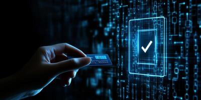 An individual is confirming an online payment with their credit card on a secure interface displaying a verification tick, indicating that the transactions are secure and reliable photo