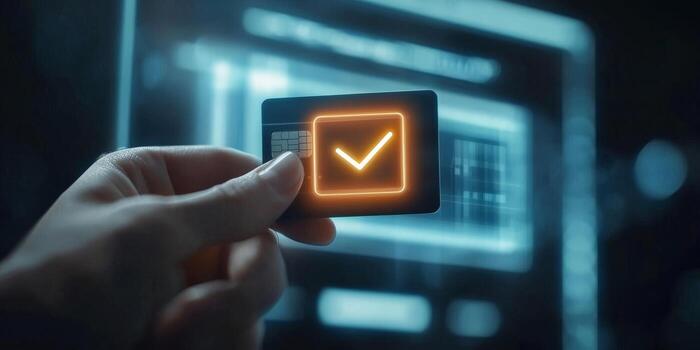 An individual successfully confirms a secure online payment transaction utilizing a credit card via a userfriendly digital interface, which notably includes a verification tick symbol for assurance photo