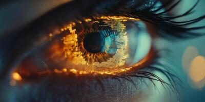 A mesmerizing closeup of an eye reveals reflections of vibrant neon signs and city lights, uncovering hidden emotions and curiosity, enhanced by a soft bokeh for a dreamlike quality photo