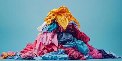 A vibrant pile of assorted crumpled clothes in various bold and bright colors is situated against a pleasing blue backdrop, skillfully showcasing the chaotic nature of a typical laundry day photo