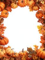 This is a beautifully crafted fallthemed frame that showcases an arrangement of vibrant pumpkins, a variety of colorful leaves, and an array of natural elements, making it perfect for seasonal decor photo