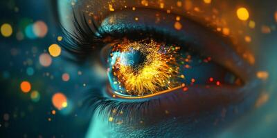A mesmerizing closeup of a single eye, reflecting vibrant neon lights alongside hidden emotions and feelings, all enhanced beautifully by a soft bokeh background that adds depth to the scene photo