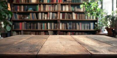 Imagine a rustic wooden table in front of a blurred bookshelf overflowing with books, creating a warm atmosphere perfect for hours of reading and studying, immersing in literary adventures photo