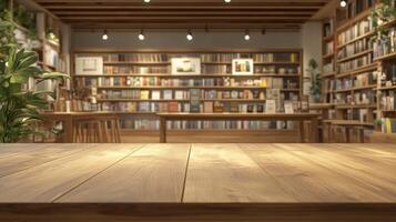Visit this charming bookshop with a rustic wooden table next to a wellorganized bookshelf. This cozy setting is perfect for reading and enjoying the captivating world of literature photo