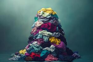 A vibrant and colorful heap of crumpled and folded clothes beautifully showcases a chaotic yet artistic presentation of domestic life, reflecting the essence of everyday household routines photo