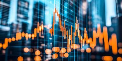 A striking representation of financial market trends with urban architecture, showcasing data analytics. photo