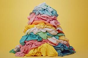 This still life artwork features a colorful heap of crumpled laundry against a bright yellow background, highlighting the chaotic yet intricate nature of everyday household chores photo