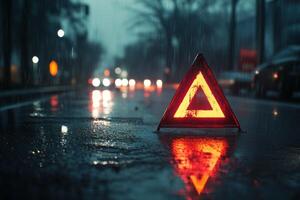 An emergency warning triangle reflects on a wet street at night, surrounded by blurred traffic lights, conveying urgency and caution in an urban environment amidst potential dangers photo