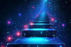 An illuminated staircase set in a captivating cosmic atmosphere, featuring vibrant neon colors and intriguing scifi elements, evoking ethereal depth and surrealism for the viewer photo