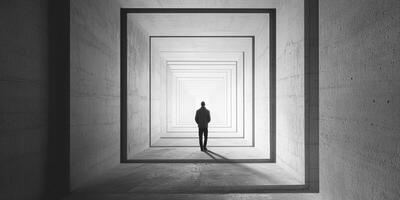 In a surreal, minimalist corridor, a lone figure stands among various geometric shapes and creeping shadows, provoking profound contemplation and encouraging exploration of ones innermost thoughts photo