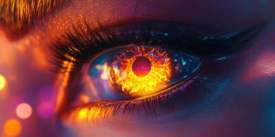 A mesmerizing closeup of an eye reflecting the vibrant and lively neon city lights all around, evoking deep curiosity and hidden emotions, with a beautifully soft bokeh backdrop enhancing its allure photo