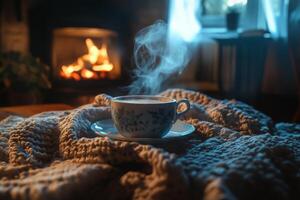 A warm cup of hot cocoa, made with rich chocolate, rests comfortably on a soft blanket beside a glowing fireplace, creating the perfect ambiance for cozy evenings spent at home during winter nights photo