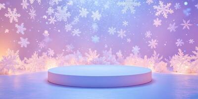 In this tranquil winter scene, a circular white platform glows with soft blue and purple lights, surrounded by falling snowflakes and shimmering bokeh, creating a magical atmosphere photo