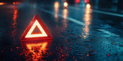 A highly reflective emergency warning triangle positioned on a wet road during nighttime, effectively showcasing the importance of safety amidst torrential rain and constant traffic around photo