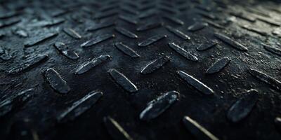 This text explores a diamond plate metal surface with a unique grunge finish, highlighting its intricate dark texture and strong industrial aesthetic that captivates viewers and enthusiasts photo