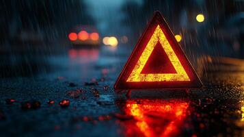 A bright and vivid red warning triangle prominently stands out against the backdrop of heavy night rain, emphasizing the crucial importance of ensuring safety on wet and slippery road surfaces photo