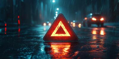 A vibrant red warning triangle stands out on a rainsoaked road at night, illuminated by streetlights and vehicle headlights, highlighting the importance of road safety in adverse weather for drivers photo