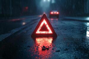 A bright red warning triangle shines vividly on a rainsoaked road during the dark of night, effectively highlighting a critical traffic emergency scene with a car visible in the background photo