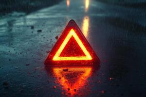 A bright red emergency warning triangle vividly stands out against the dark, wet asphalt during the nighttime, alerting drivers to the nearby hazards while ensuring enhanced safety on the roadways photo