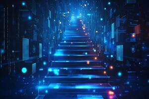 Imagine a vibrant, beautifully illuminated staircase that is gracefully set within a surreal digital environment, showcasing cuttingedge modern technology and captivating abstract design elements photo
