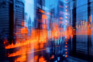 A dynamic blend of urban structures and digital data visualizations showcasing the energy of finance. photo