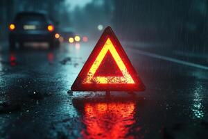 A brightly glowing emergency triangle sits on a wet road at night, effectively warning drivers about a potential hazard under rainy conditions, while reflecting light vividly off the dark asphalt photo