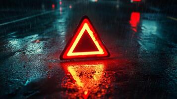 On this stormy night, a bright red emergency triangle stands out against the wet asphalt, providing a critical warning to passing vehicles and enhancing safety for everyone nearby photo