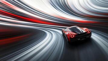 Experience the elegance of speed as a sleek, futuristic car glides through vibrant light trails, capturing the essence of motion and innovative design in a mesmerizing and unforgettable way photo