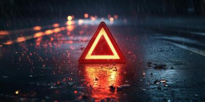 This captivating nighttime scene showcases a brightly lit warning triangle on a slick road, highlighting the need for safety during adverse weather conditions, especially when driving photo