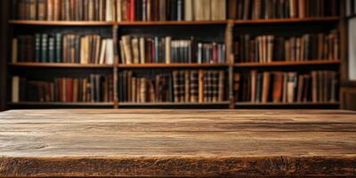 An old wooden table truly adds a unique character to the space, while a blurred bookshelf overflowing with various books goes a long way in creating a warm and inviting atmosphere perfect for reading photo