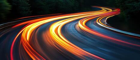 This artwork presents an abstract depiction of flowing light trails along a curving road, symbolizing themes of speed, journey, and modernity, all showcased in a minimalistic yet elegant manner photo