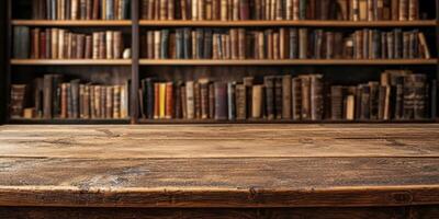 In a charming rustic setting, a wooden table stands in front of a blurred bookshelf filled with vintage books, creating a cozy atmosphere perfect for reading or a quaint bookshop ambiance photo