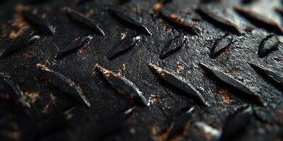 A detailed and closeup view of a diamond plate surface is presented here, showcasing its gritty and metallic texture that is commonly found in various industrial settings and applications photo