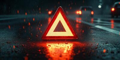 A reflective warning triangle is positioned on a wet road at night, illuminated by vehicle lights, highlighting the need for safety and caution in challenging conditions like rain and storms photo