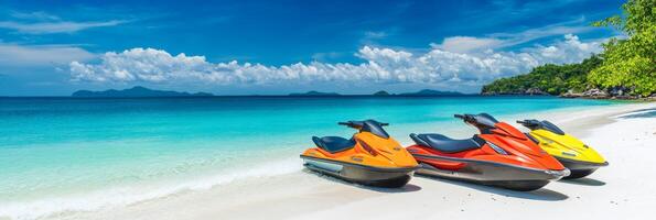 Experience the thrill of jet skiing on sunlit beaches, surrounded by palm trees and clear turquoise waters. Its the perfect summer activity for endless fun and exciting adventures in the sun photo