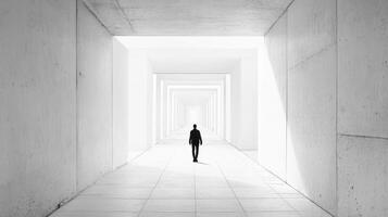 In a minimalist space, a solitary figure stands alone in a brightly lit corridor, embodying a profound sense of anticipation, as if awaiting the unfolding of a significant event or change photo