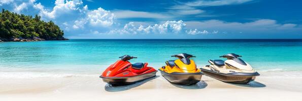 Experience the thrill of jet skiing on a beautiful beach, gliding over crystalclear waters surrounded by lush palms, creating a perfect mix of relaxation and fun for an unforgettable adventure photo