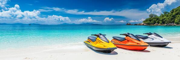 Enjoy jet skiing on sandy beaches with clear blue waters and swaying palm trees. Its the perfect summer getaway, filled with joy and unforgettable adventures for lasting memories photo