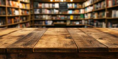 A rustic wooden table sits in a cozy setting before a softly blurred bookshelf brimming with books, creating a warm atmosphere ideal for reading and studying, inviting exploration of knowledge photo