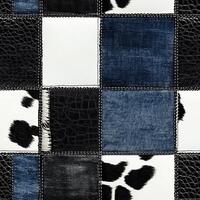 This blend features an innovative mix of denim and cow print fabric in a captivating patchwork design, perfect for modern apparel and creative fashion projects, making it trendy and versatile photo